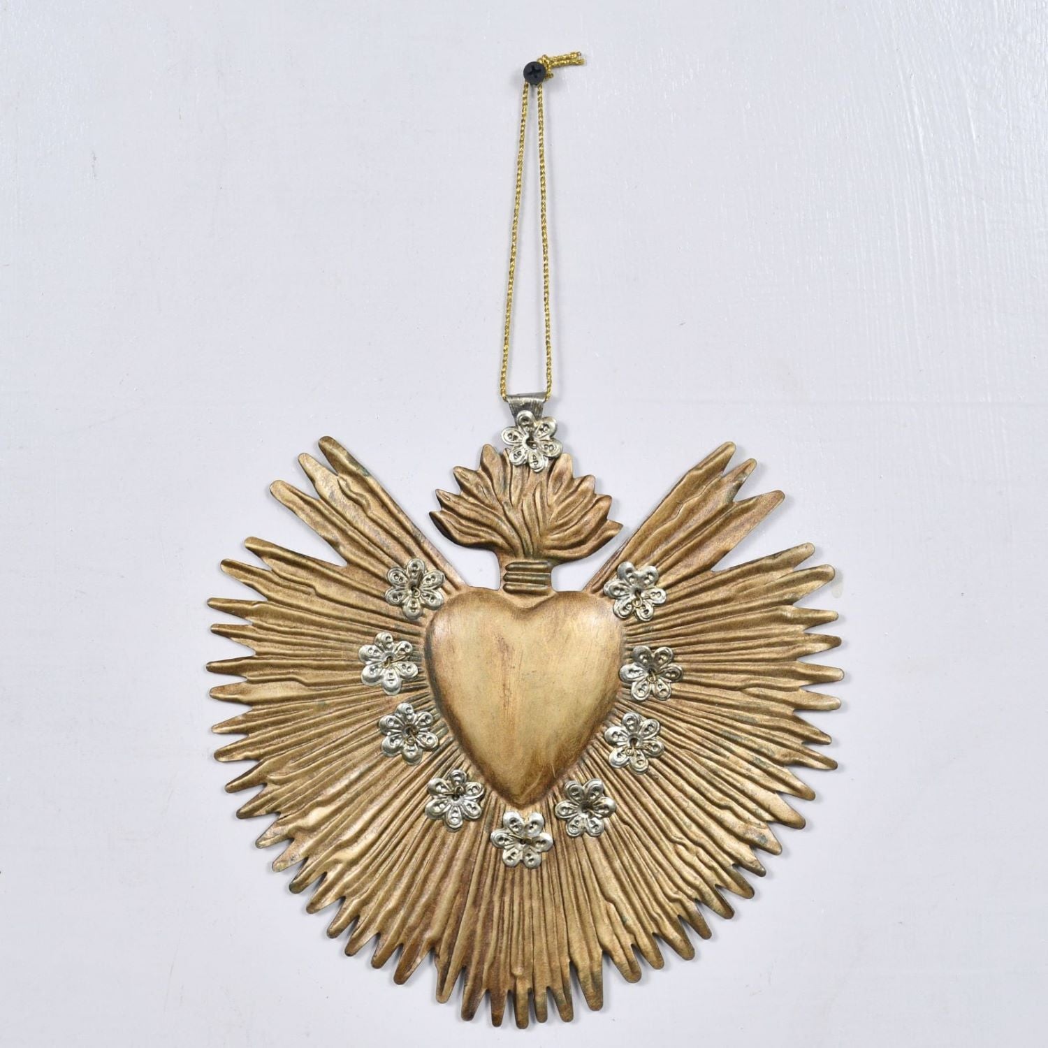 Large Antique Gold Milagro Heart " Sunburst Flame"