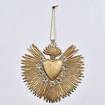 Large Antique Gold Milagro Heart " Sunburst Flame"